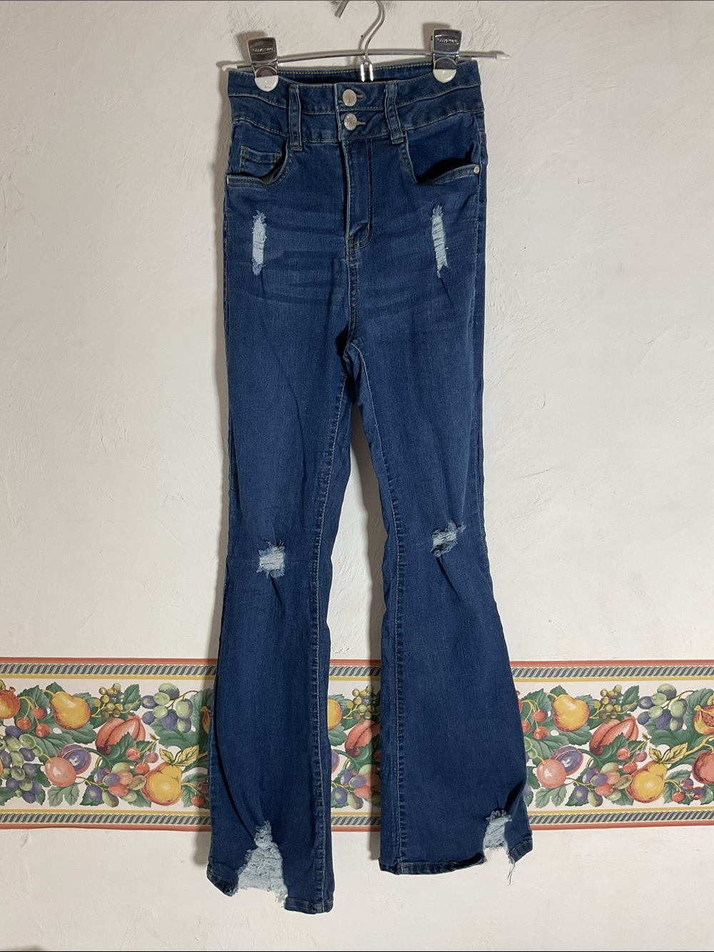 Refuge Denim High Rise Distressed Flare Jeans Size 3 Medium Wash Raw Hem Stretch